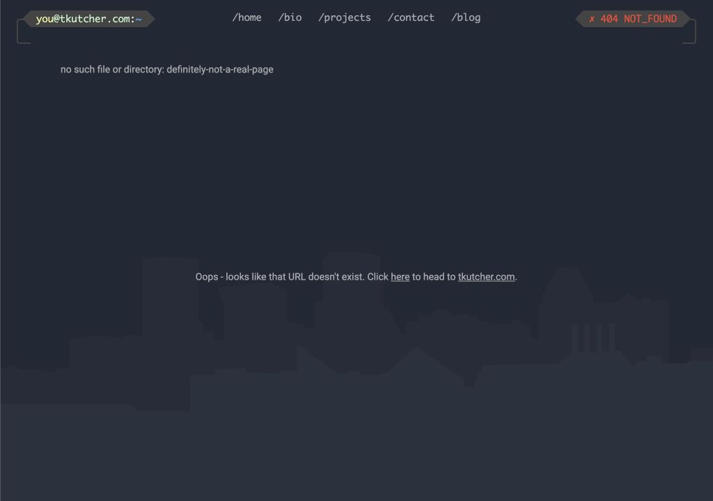 The original tkutcher.com not-found page showing its 404 NOT_FOUND status