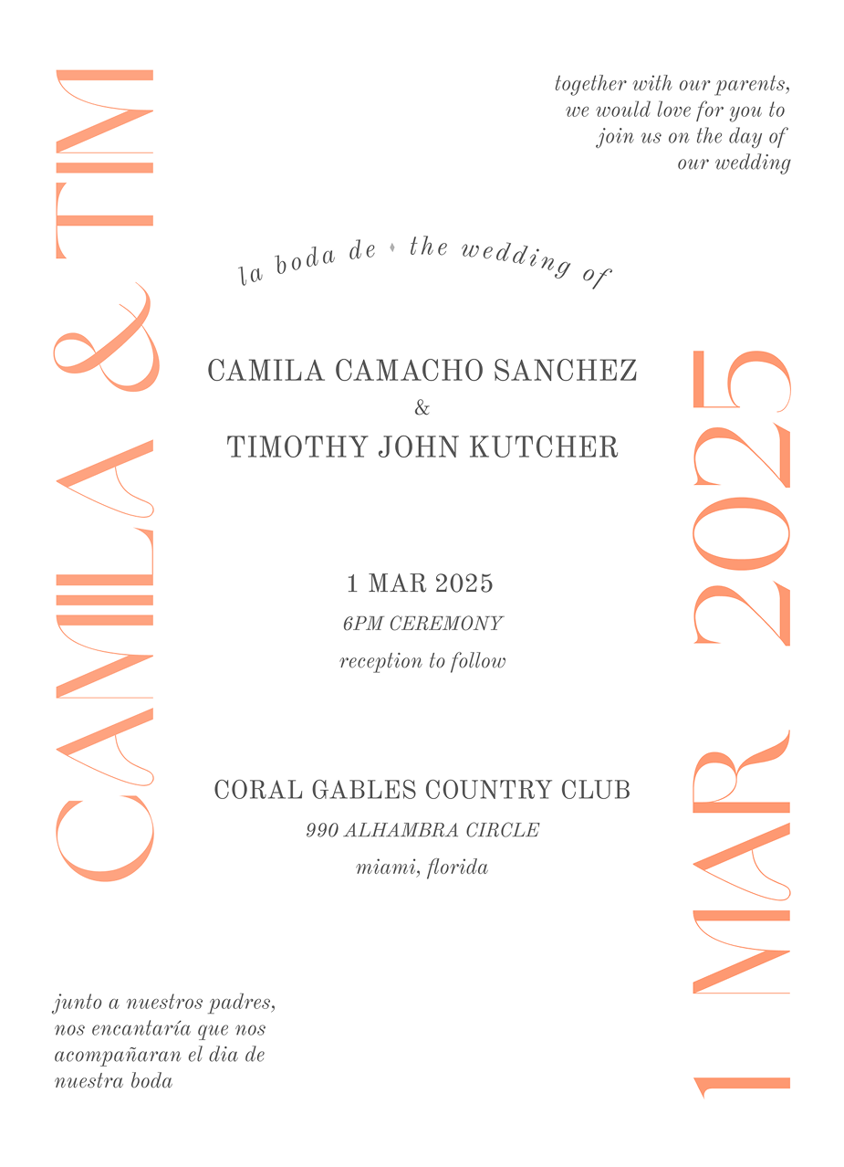 Bilingual Camila and Tim wedding invitation