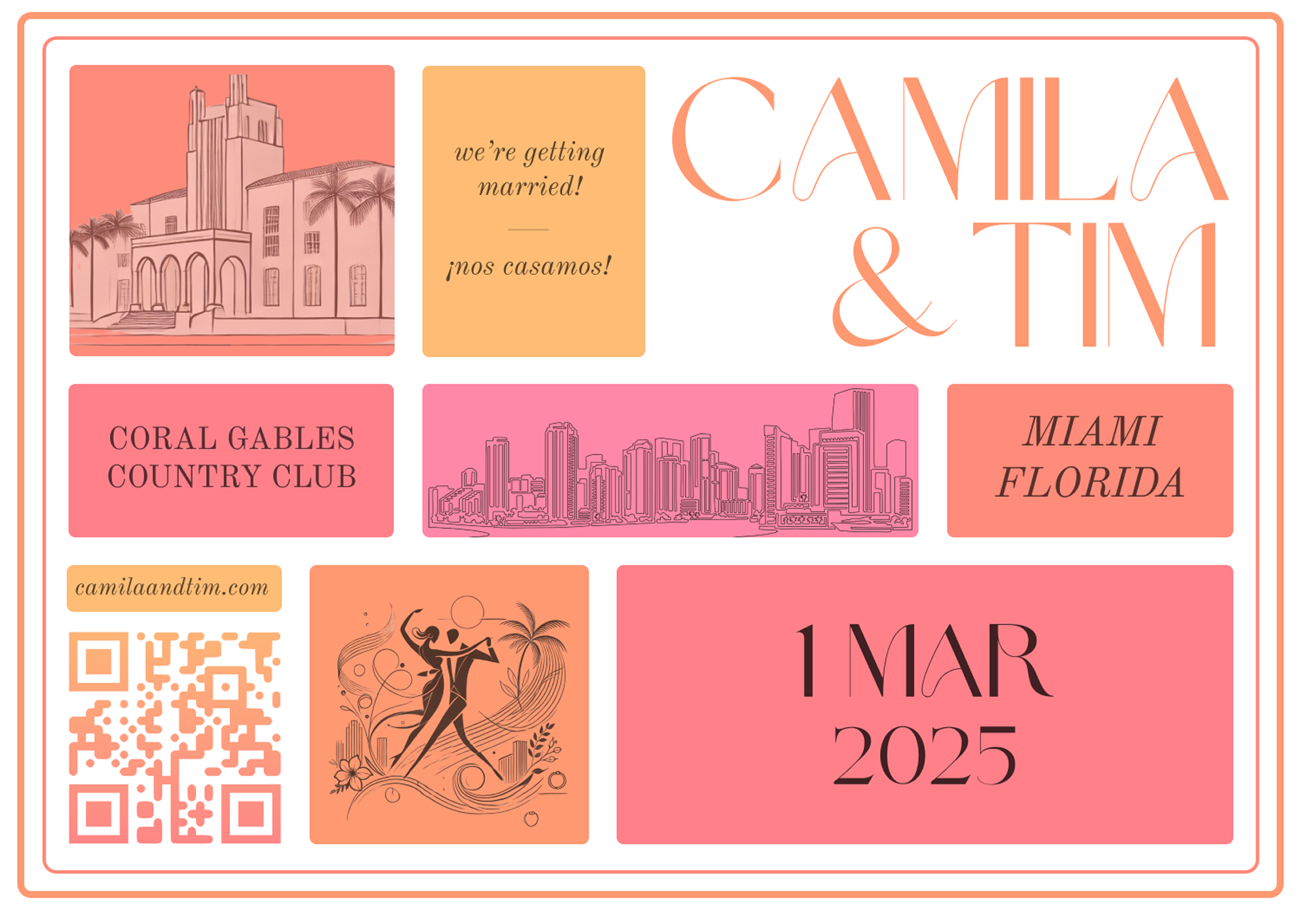 Colorful bilingual Camila and Tim wedding RSVP insert design