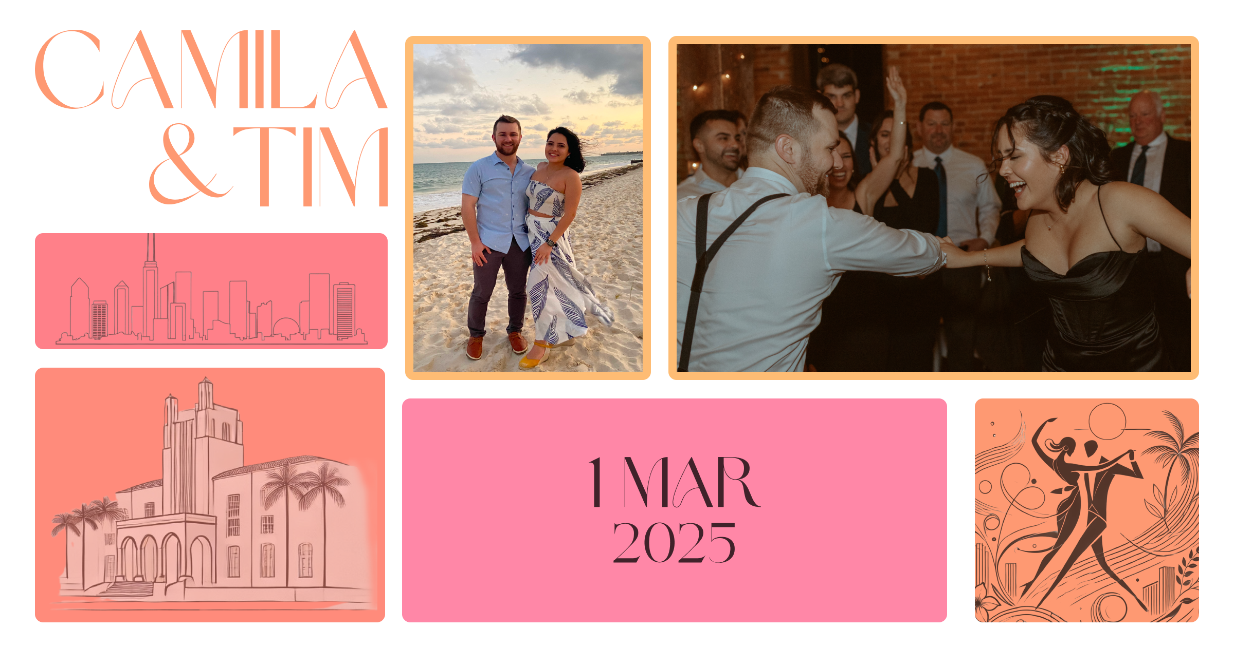 Collage preview of the colorful Camila and Tim wedding website and its visual identity